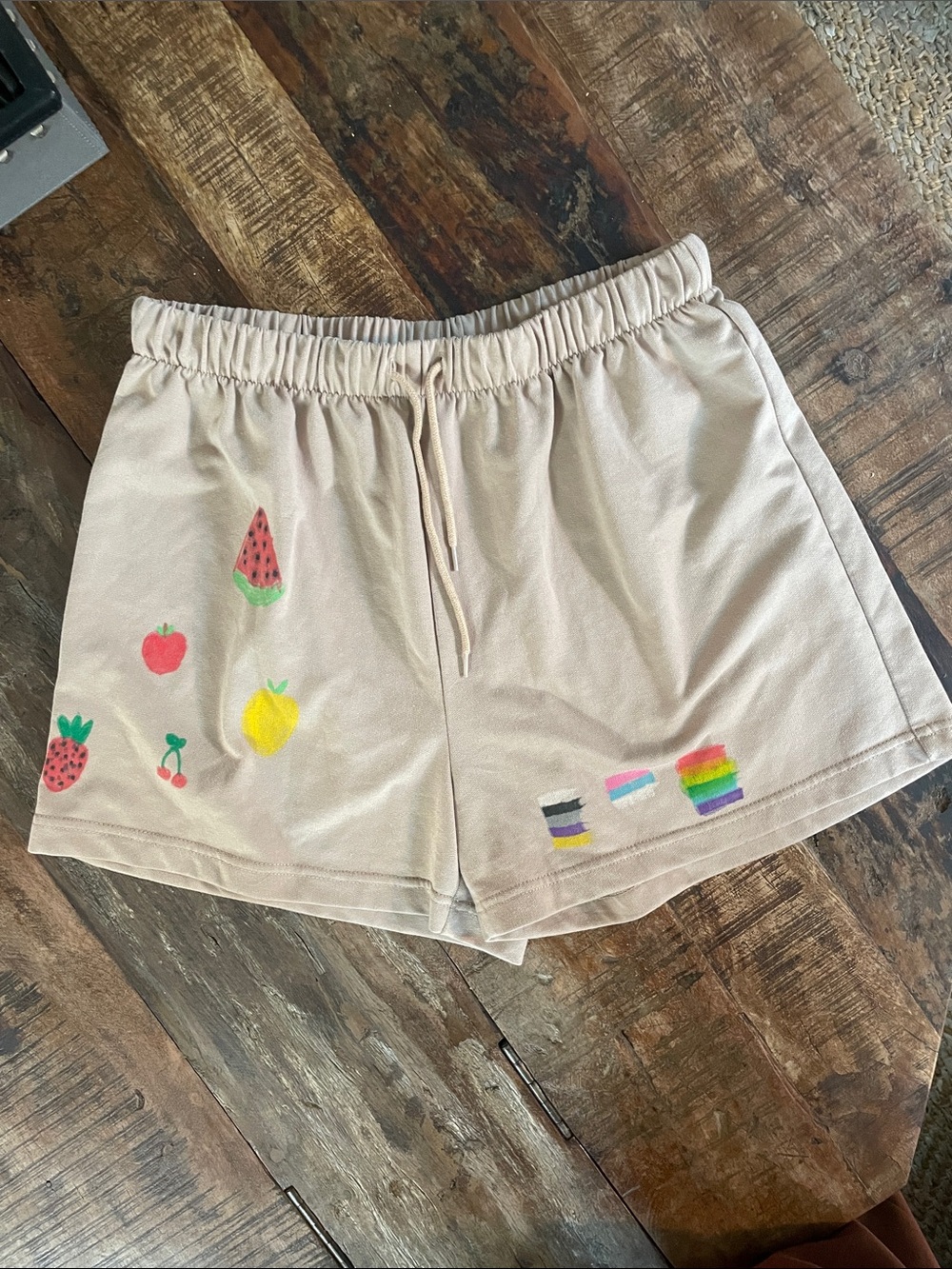 NYDJ Beige Athletic Shorts with Fruit & Pride Stripe Accents